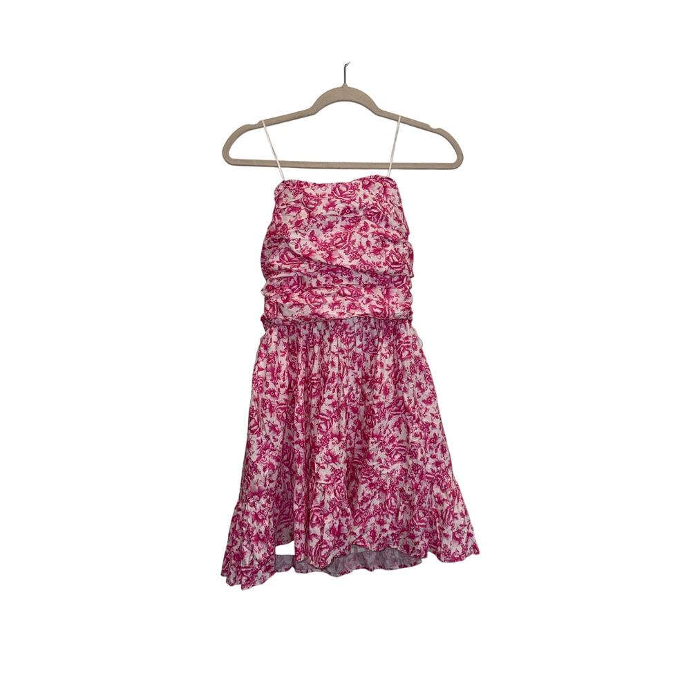 AQUA Women’s M Pink White Floral Ruched Midi Dress NWT 100% Cotton